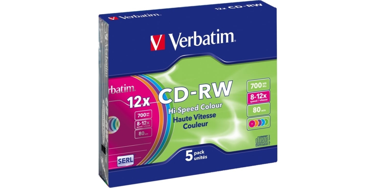 CD-RW VERBATIM 700MB, 80min, viteza 8-12x, 5 buc, carcasa, "Colour 12x"...