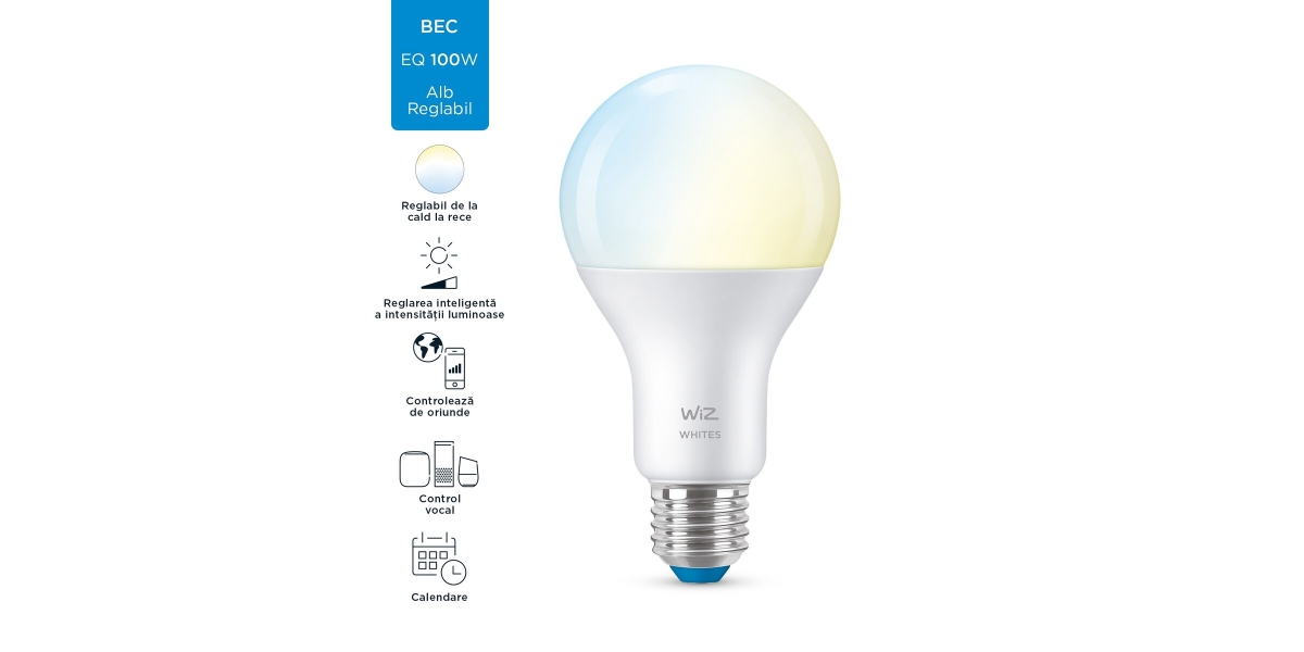 Bec LED inteligent WiZ Whites, Wi-Fi, A67, E27, 13W (100W), 1521 lm,...