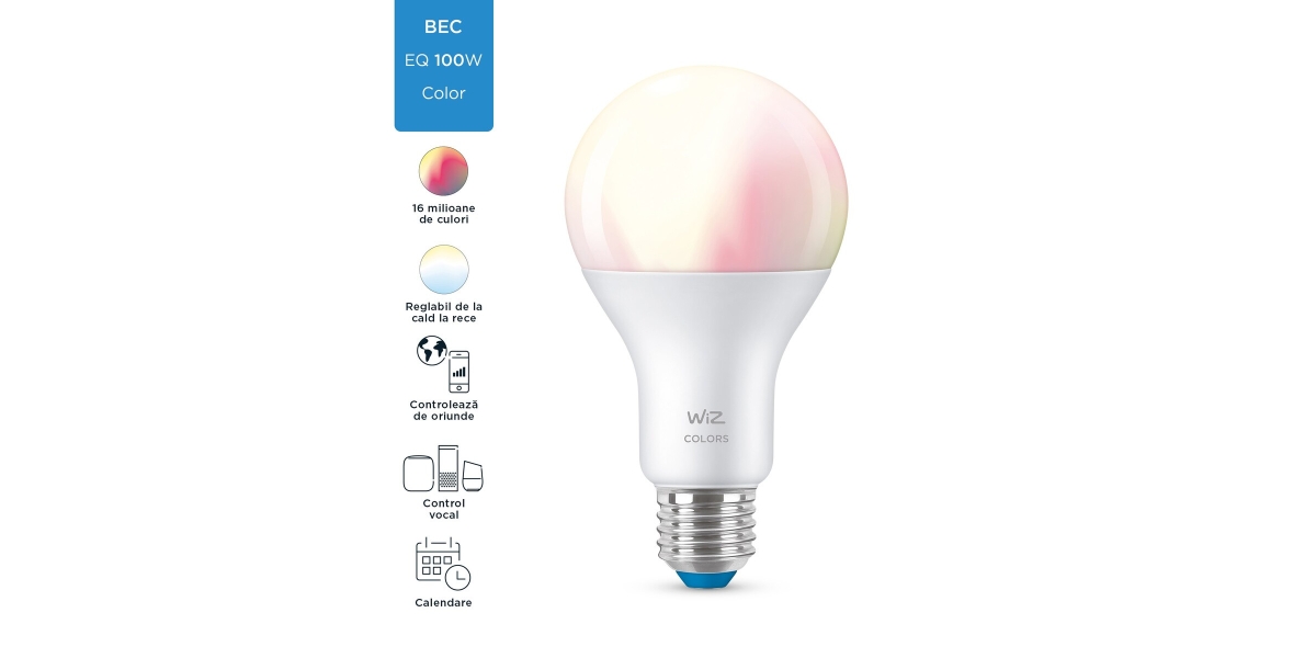 Bec LED RGBW inteligent WiZ Colors, Wi-Fi, A67, E27, 13W (100W), lumina alba...