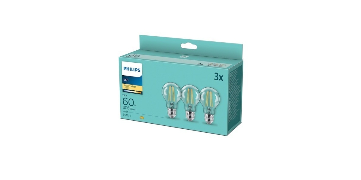 Pachet 3 becuri LED filament Philips, A60, E27, 7W (60W), 806 lm, lumina alba...