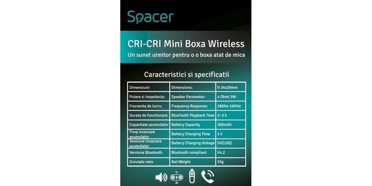 Boxa Spacer portabila Bluetooth Cri-Cri-BK, 3W, negru 536847