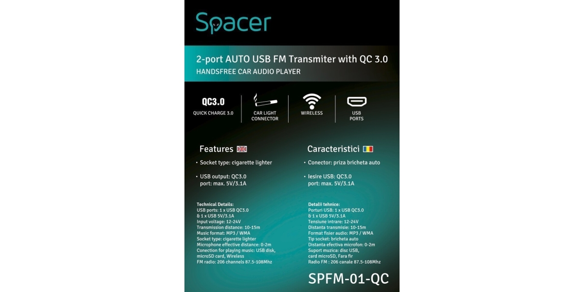 Modulator Auto FM Spacer SPFM-01-QC, Bluetooth 5.0., negru 536929