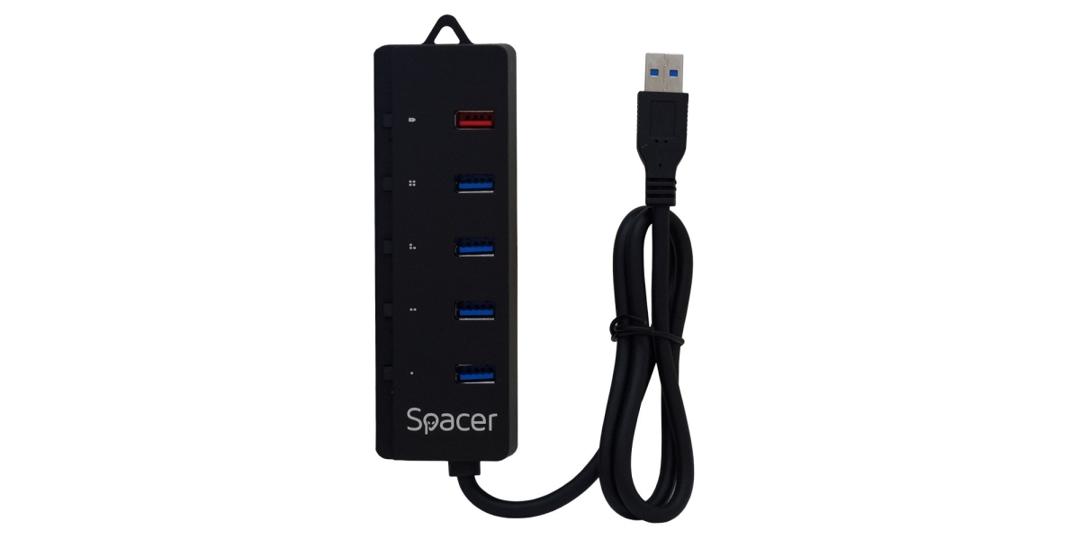 Hub extern Spacer SPH-4USB30-1QC, 220V, negru 