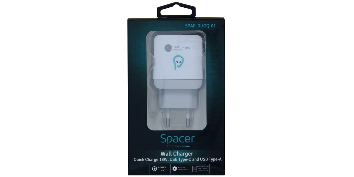 Incarcator retea Spacer Quick Charge SPAR-DUOQ-01 18W, USB Type-C + USB, alb...