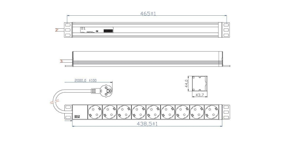 PDU BACHMANN, 1U pt. rack 19 inch, 9 prize Schuko, intrare Schuko, max 16 A,...