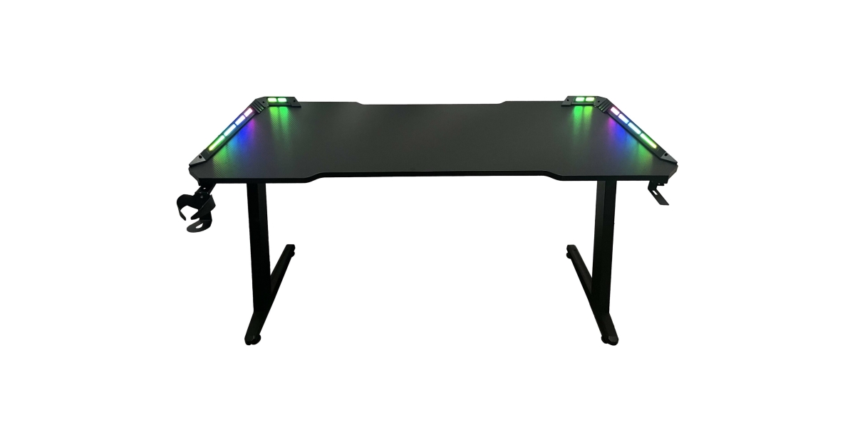 Birou gaming Spacer RGB LED, Suport Casti si Pahar, Negru 