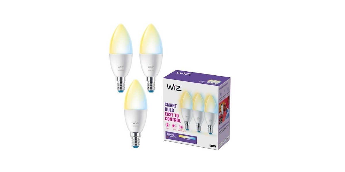 Pachet 3 becuri LED WiZ C37 8720169075696, 40W, E14, 470lm, 2700K 