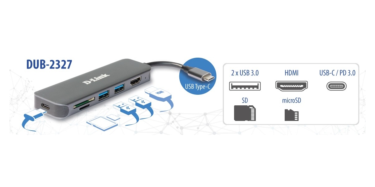 Hub extern D-LINK DUB-2327, 2 x USB 3.0, 1 x USB-C 60W, 1 x HDMI 4k, Card...