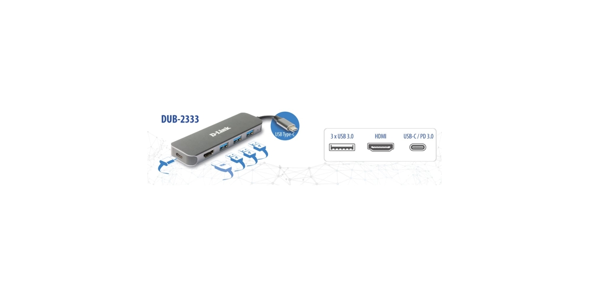 Hub extern D-Link DUB-2333 5 in 1, USB, USB-C, HDMI, Card Reader, 10 cm,...