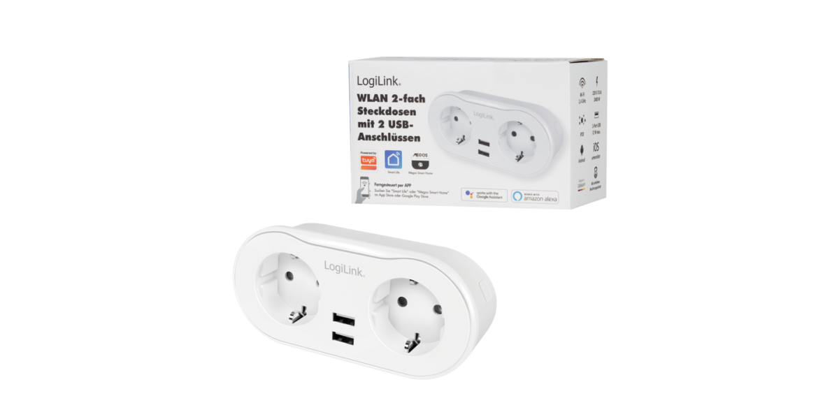 Priza Inteligenta LogiLink SH0102, Schuko x 2, USB x 2, IP20, alb 757486