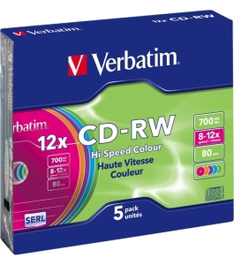 Cd-rw verbatim 700mb, 80min, viteza 8-12x, 5 buc, carcasa, "colour 12x"...