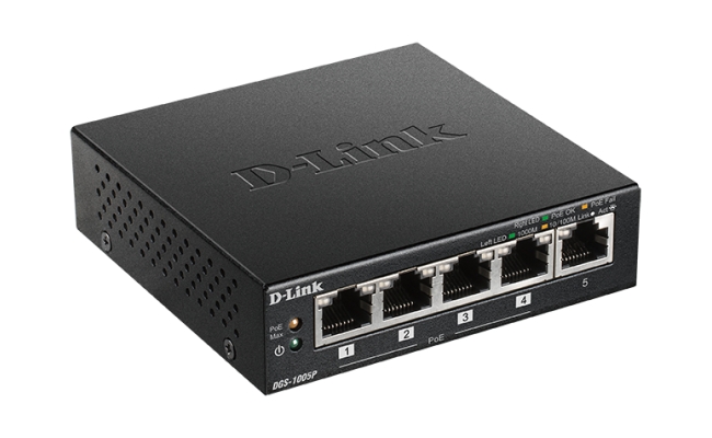 D-Link Switch 5 porturi Gigabit DGS-1005P, 4 porturi POE, carcasa metal