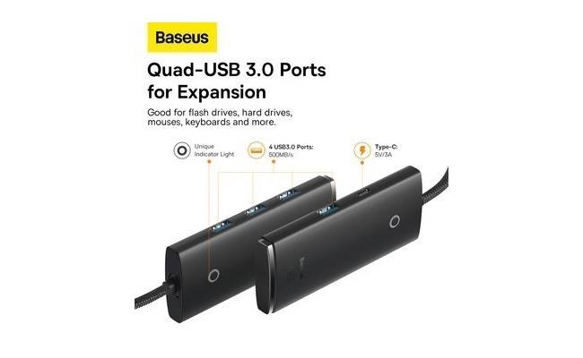 Hub USB extern Baseus Lite WKQX030501, 4 x USB 3.0, USB Type-C, 2m, negru...